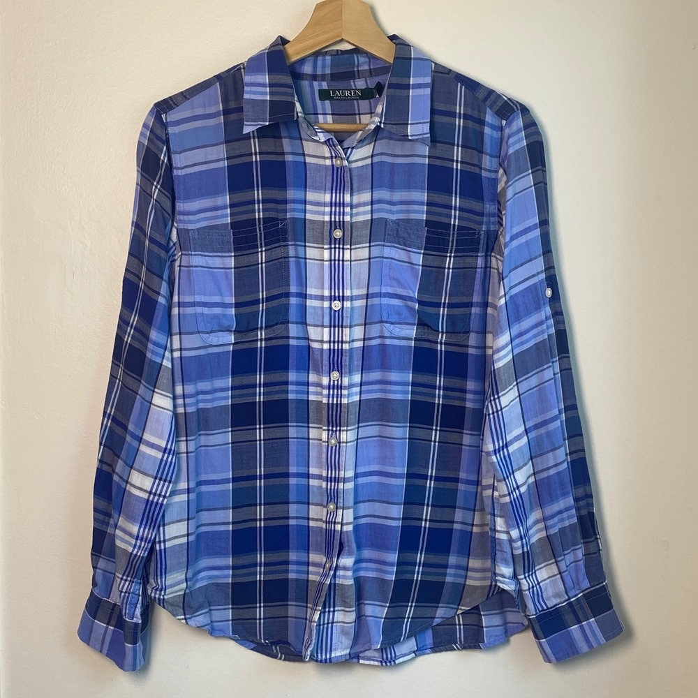 Lauren Ralph Lauren Plaid Button Down Womens Medium Blue Long Sleeve Preppy Work